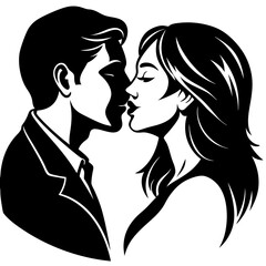 Silhouette of a couple kissing, isolated on white background