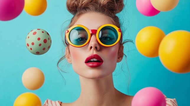 Retro fashion portrait of stylish woman in sunglasses with candy color background glamour pop art