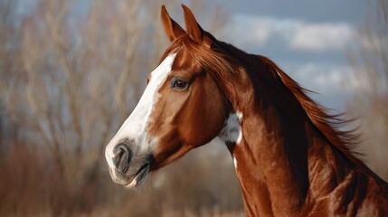 Obraz premium Majestic chestnut horse with white blaze in sunlit meadow