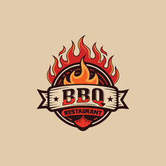 Vintage BBQ Restaurant Logo with Smoke and Flame – Retro Grill Barbecue Emblem Design – Classic Fire Pit Icon for Meat House, Steakhouse, or Food Truck Branding