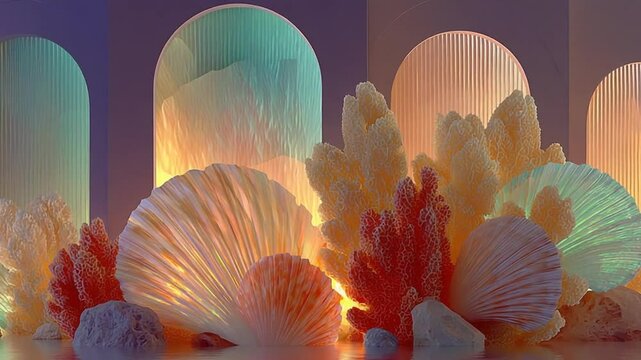 Oceanic Dreamscape: Abstract Rendered Coral Reef with Shells and Architectural Arches