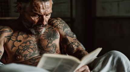 A muscular, tattooed man deeply absorbed in a book amidst a moody ambiance, illustrating the intersection of strength and intellect in an intimate setting.