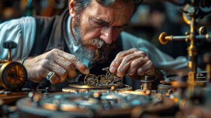 A dedicated craftsman meticulously assembles intricate watch gears, showcasing the art of horology with his focused expression and skilled hands in a workshop setting.