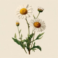 Fototapeta premium Vintage botanical illustration of daisies with green leaves and buds