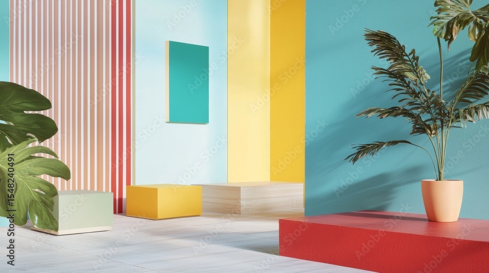 Poster bright interior with colorful blocks and palm plants abstract architectural design and minimal layou