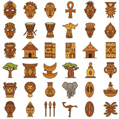 African Cultural Symbols Icon Set – Flat Vector Tribal Elements, Masks, Drums, Patterns
