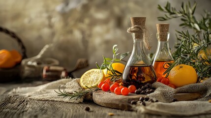 Still life with olive oil bottles vegetables and herbs on rustic kitchen table natural light