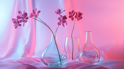 Glass vases with pink flowers on silk fabric elegant minimalist interior decoration with soft lighting