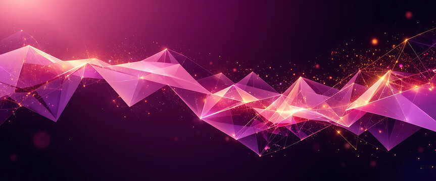 Abstract geometry triangles shapes in flowing style in purple,pink, and golden gradient colors , finest blending, dark purple background, outline style, with flecks of flashing golden lights flowing f