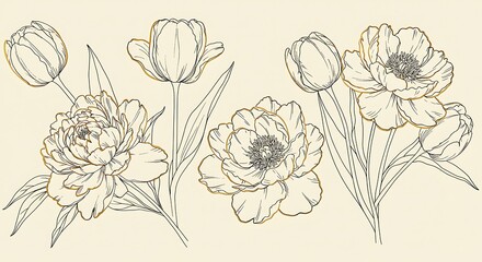 Elegant Line Art Floral Illustrations Tulips and Peonies