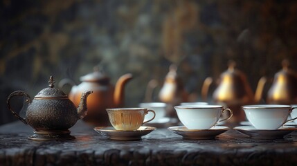 Fototapeta premium Rustic tea ceremony setup with porcelain cups and kettle on wooden table in cozy lighting