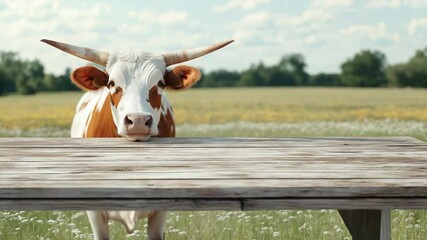 Curious cow approaching wooden table in scenic meadow landscape