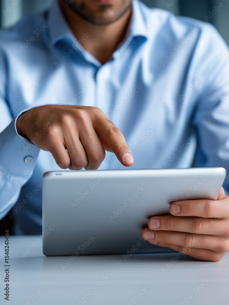 Poster man using tablet in office setting, focused on work and technology during daytime