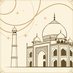 Islamic Mosque Vector Illustration – Mughal Architecture with Dome and Minaret in Ornamental Style