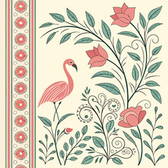 Elegant Floral and Flamingo Vector Illustration – Vintage Botanical Art with Decorative Flowers and Leaves