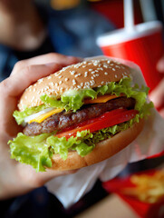 Juicy hamburger with fresh toppings held in hand at a fast food restaurant setting