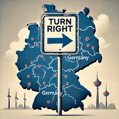 Germany Blue Map Turned Right with Road Sign Symbolizing Political Shift
