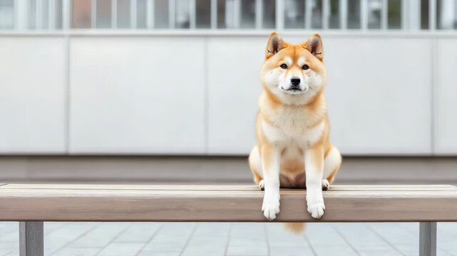 Adorable shiba inu sitting on bench observing surroundings with playful curiosity