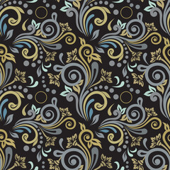 Luxury damask pattern in gold, teal, and gray for opulent and elegant designs. Vector seamless border in Victorian style. Vector, illustration.