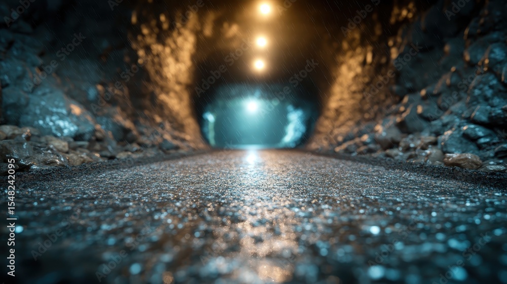 Poster a captivating view of a wet tunnel illuminated by glowing lights, creating an atmosphere of mystery 