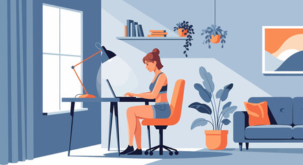 Adobe illustrator artwork vector illustration: A woman works on a laptop at a desk in a cozy home office with plants, a sofa, bookshelves, and a modern interior design in cool tones