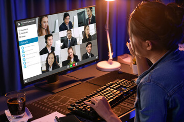 Business people on video conference for brisk virtual group meeting of corprate business office...