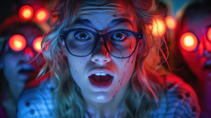 A surprised young woman with glasses stares wide-eyed into the camera amidst an eerie, dark atmosphere filled with glowing red lights, conveying tension and suspense in the scene.
