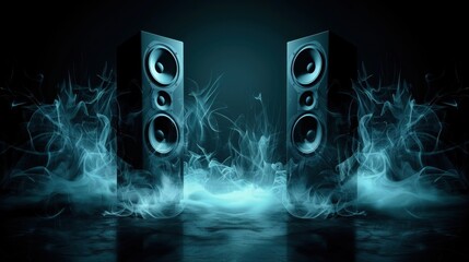 This image depicts two sleek speakers surrounded by ethereal blue smoke, evoking a sense of tranquility and modernity, perfectly suited for music enthusiasts and audio lovers.