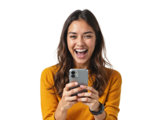 Young woman looks excited while holding her phone isolated on transparent background