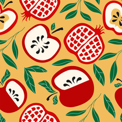Rosh Hashanah pattern hand drawn cute stye for Shana Tova holidays, Jewish New Year. Pomegranate, apple, leaves vector