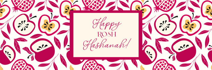 Happy Rosh Hashanah greeting card hand drawn cute stye for Shana Tova holidays, Jewish New Year. Pomegranate, apple, leaves vector