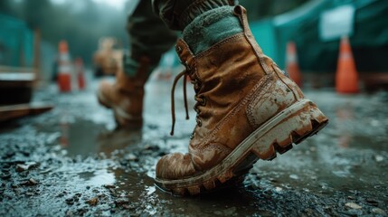 A close-up shot of worn brown boots walking through muddy ground, evoking a sense of adventure and exploration amidst challenging outdoor conditions.