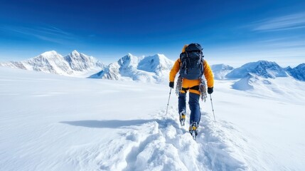 A determined hiker trekking through pristine snowy mountains under a clear blue sky represents the spirit of adventure and the beauty of nature's grand landscapes in the great outdoors.