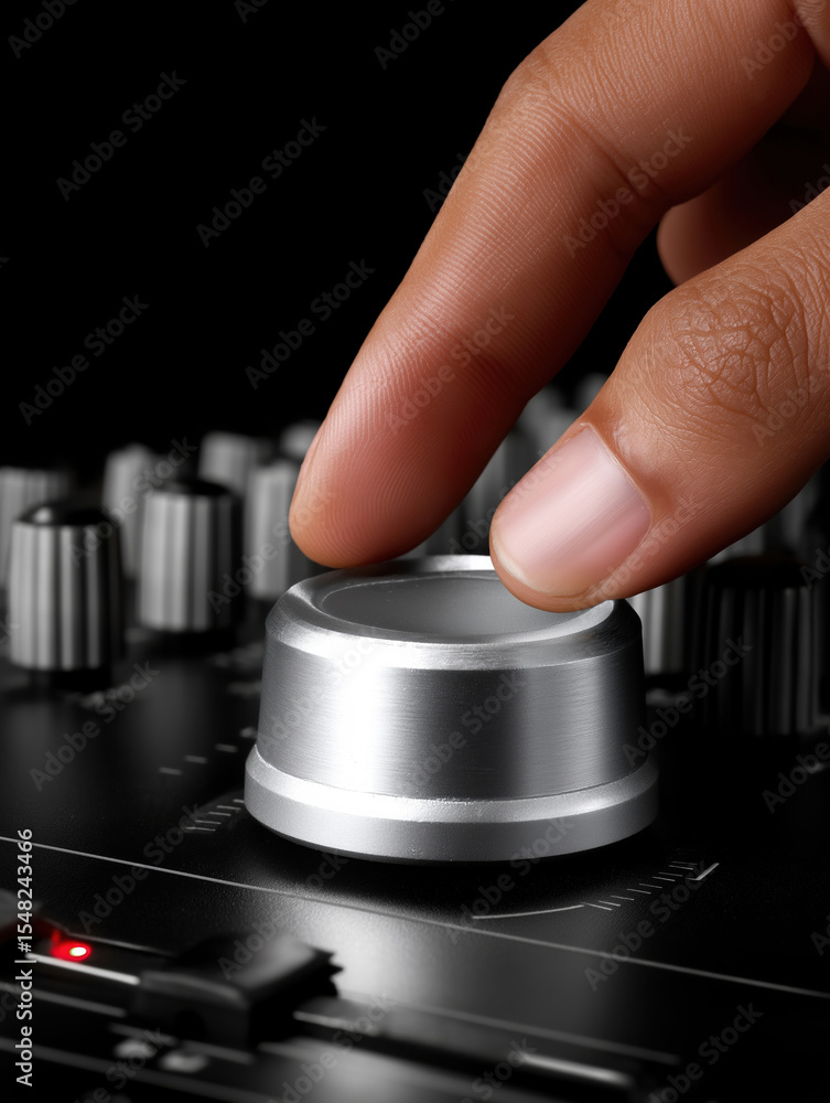 Poster adjusting the volume knob on a music mixing console in a professional studio setting