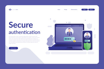 Vector illustration of a secure authentication website with laptop, smartphone, profile image, and shield icon in a modern blue layout