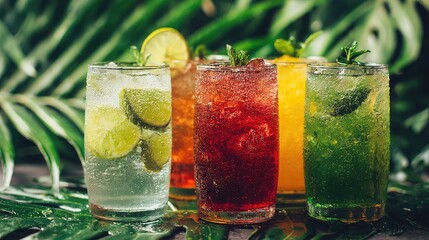 Mocktail glasses with colorful drinks raised together on a tropical leaf background