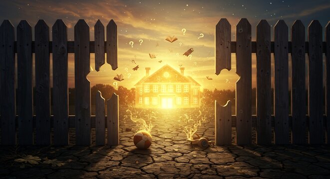 Magical Childhood Dreams: Awareness Month, Broken Fence Gate with Toys and Books Escape