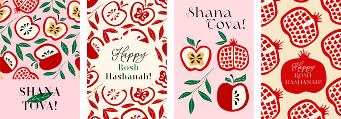 Shana Tova greeting card set hand drawn stye for Rosh Hashanah holidays, Jewish New Year. Pomegranate, apple, leaves vector