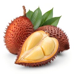 Dragon fruit and lychee with leaves on white background