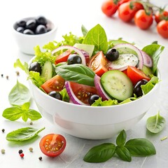 Greek salad with feta cheese olives and fresh vegetables in a bowl