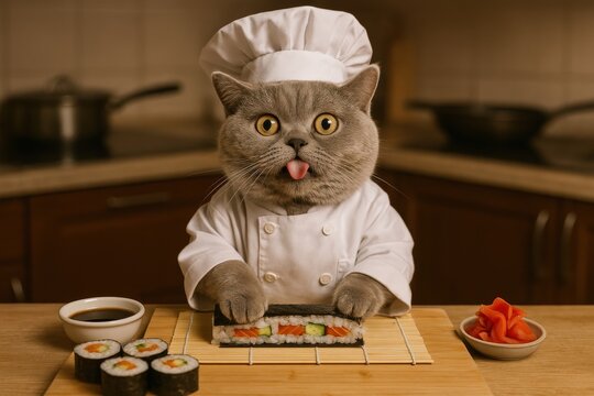 Chef cat. A funny cat with a humorous facial expression making sushi rolls in a kitchen, wearing a chef's outfit
 - Powered by Adobe