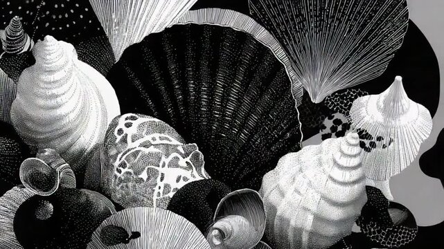 Seamless looping animation of black and white stylized seashells pattern background