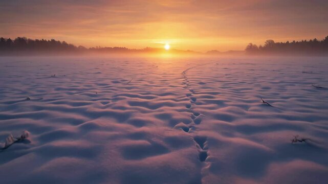 Slow forward tracking video shot of footprints in pristine snow leading towards a vibrant orange and purple winter sunset over a frozen landscape