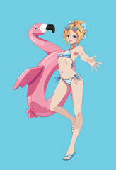 Anime style girl with cheerful expression in a striped bikini and flamingo float. She stands playfully against a solid blue background. Vibrant summer illustration.