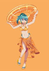 Anime character with turquoise hair holds a large citrus themed umbrella. She wears a matching bikini and sarong. The vibrant orange background enhances the summer vibe.