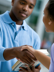 Young adults engaging in a friendly handshake while exchanging books outdoors