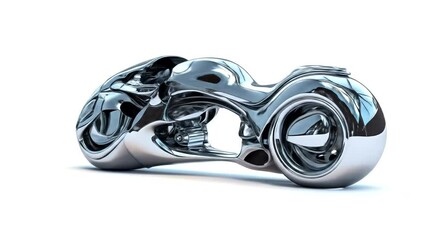 Futuristic chrome motorcycle design showcasing sleek curves and innovative technology against a minimalist backdrop