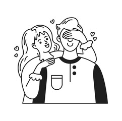 Black and white illustration of a happy couple. Woman playfully covers mans eyes. Hearts surround them. Simple and charming style perfect for romantic themes.