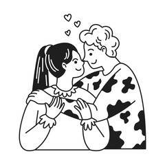 Illustration of a couple embracing with content smiles in a touching moment. Black and white style emphasizes love and connection, with hearts floating above.
