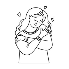 Line art of a smiling woman hugging herself surrounded by hearts. The illustration conveys selflove and positivity. Black and white style emphasizes simplicity.